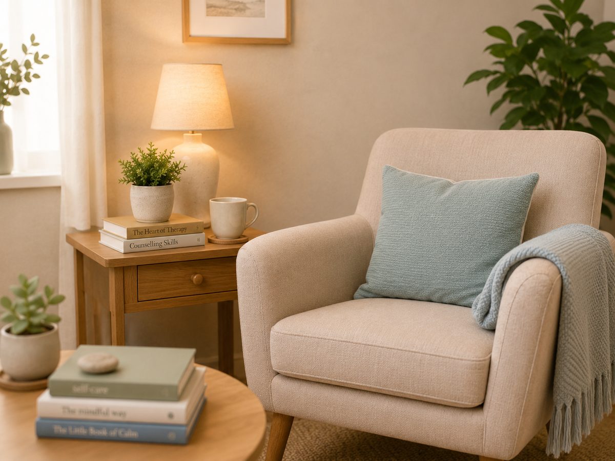 A quietly furnished room with an armchair and warm lamp.