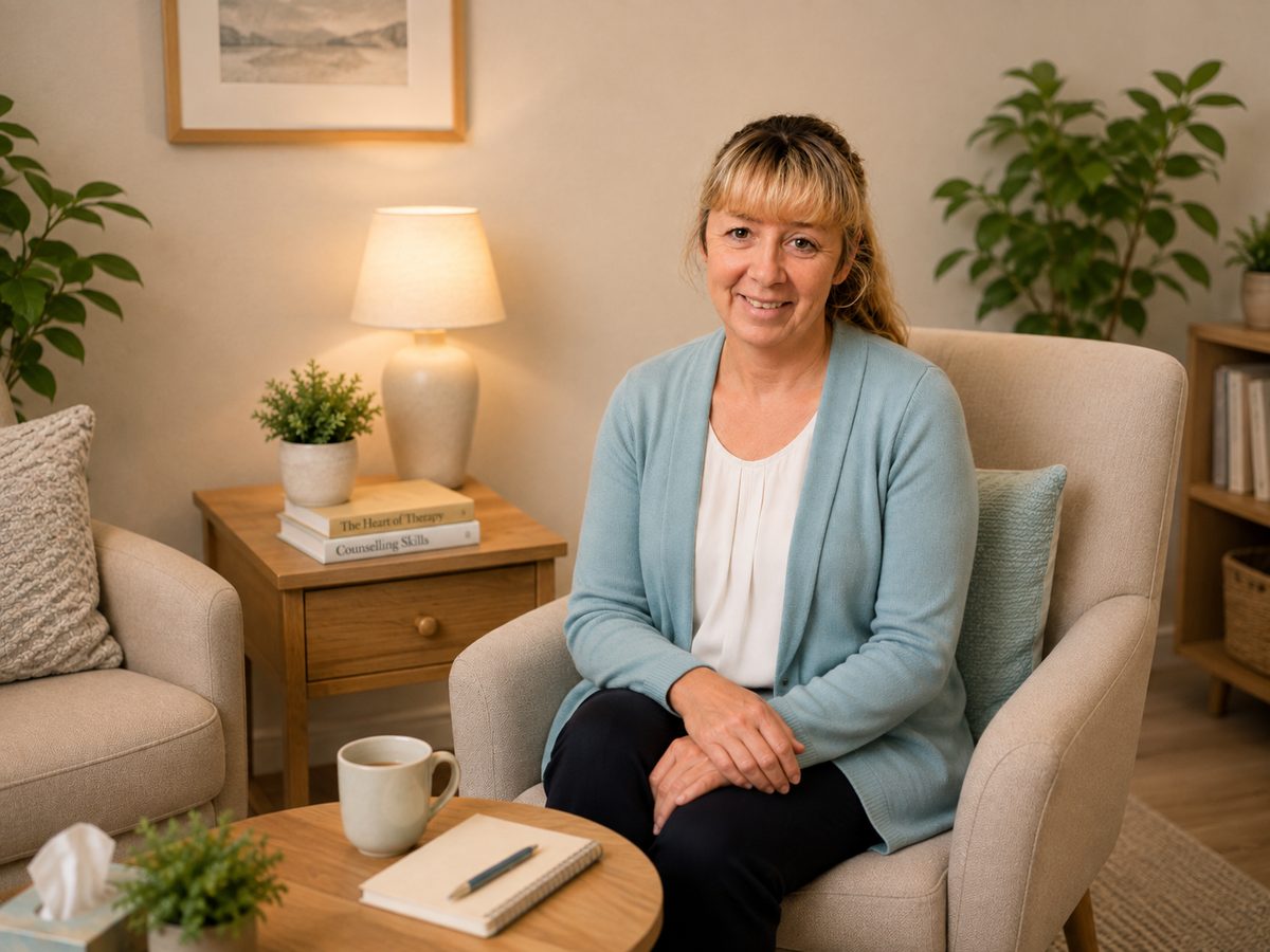 Two armchairs in a softly lit counselling room.